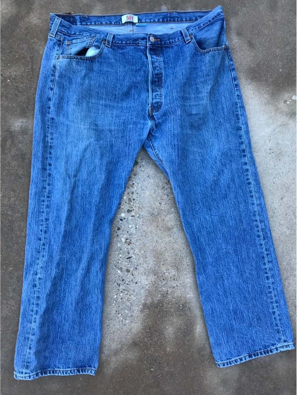 Levis 501 Jeans Men 44x30 Blue Denim Button Fly Straight Leg Classic Small Hole